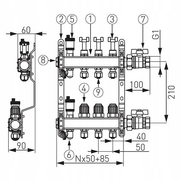 Rozdzielacz 8-drogowy z zaworami term, przepływomierzami i złączkami, stal