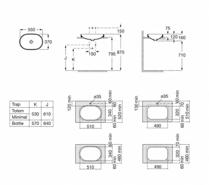Umywalka nablatowa INSPIRA ROUND 55x37cm, b/otw., b/przel. Biały ROCA