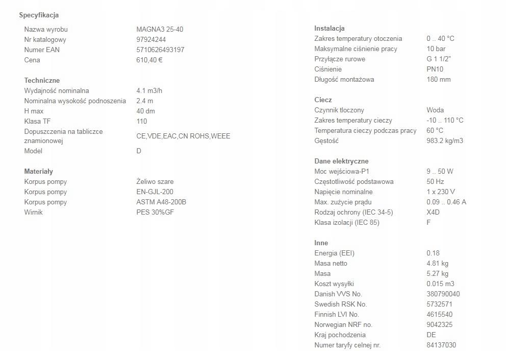 Pompa obiegowa GRUNDFOS Magna3 180 32-80 230V PN10 48h
