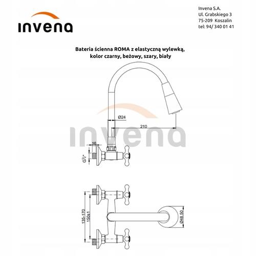Bateria umywalkowo - zlewozmywakowa INVENA ścienna ROMA z czarną elastyczną wylewką 48h