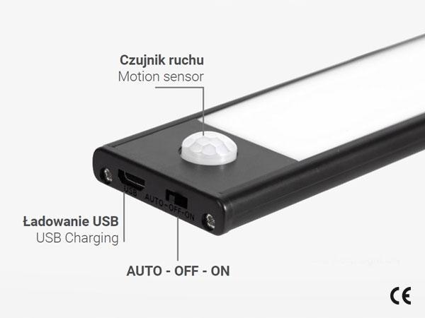 Oprawa meblowa LED do szaf, 400mm, 4000K, light sensor + pir, ładowanie 750