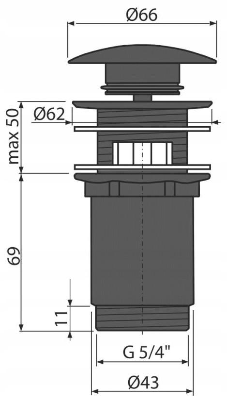 Spust umywalki Clik-Clak 5/4 metalowy z przelewem, duży korek, czarny