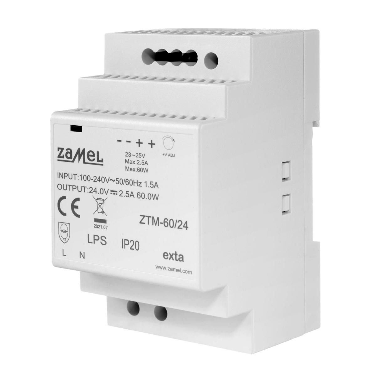 Zasilacz impulsowy montowany na szynie TH-35 (DIN), 60W, 24V DC ZTM-60/24