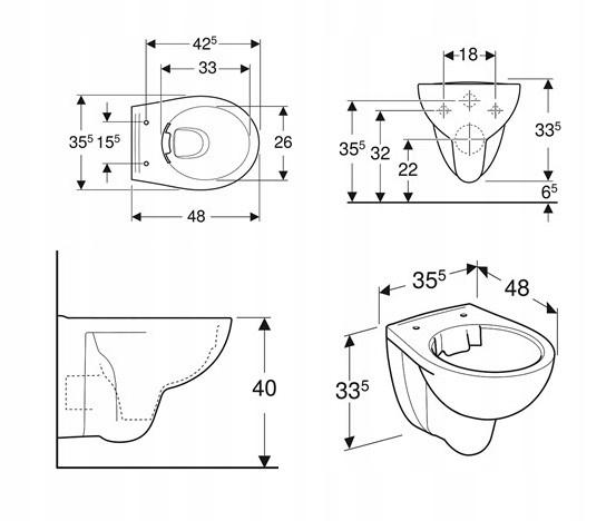 Miska wisząca WC Rekord ustępowa lejowa, Rimfree, krótka 48 cm (deski tylko