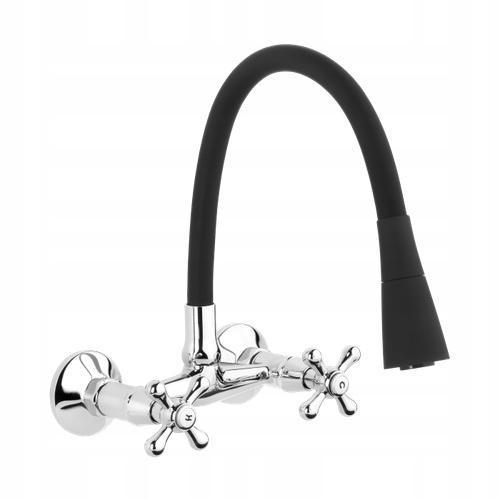 Bateria umywalkowo - zlewozmywakowa INVENA ścienna ROMA z czarną elastyczną wylewką 48h