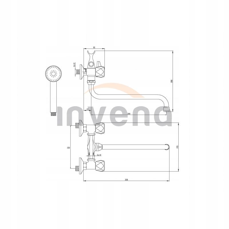 Bateria wannowa INVENA MODENA z wylewką typu S 48h