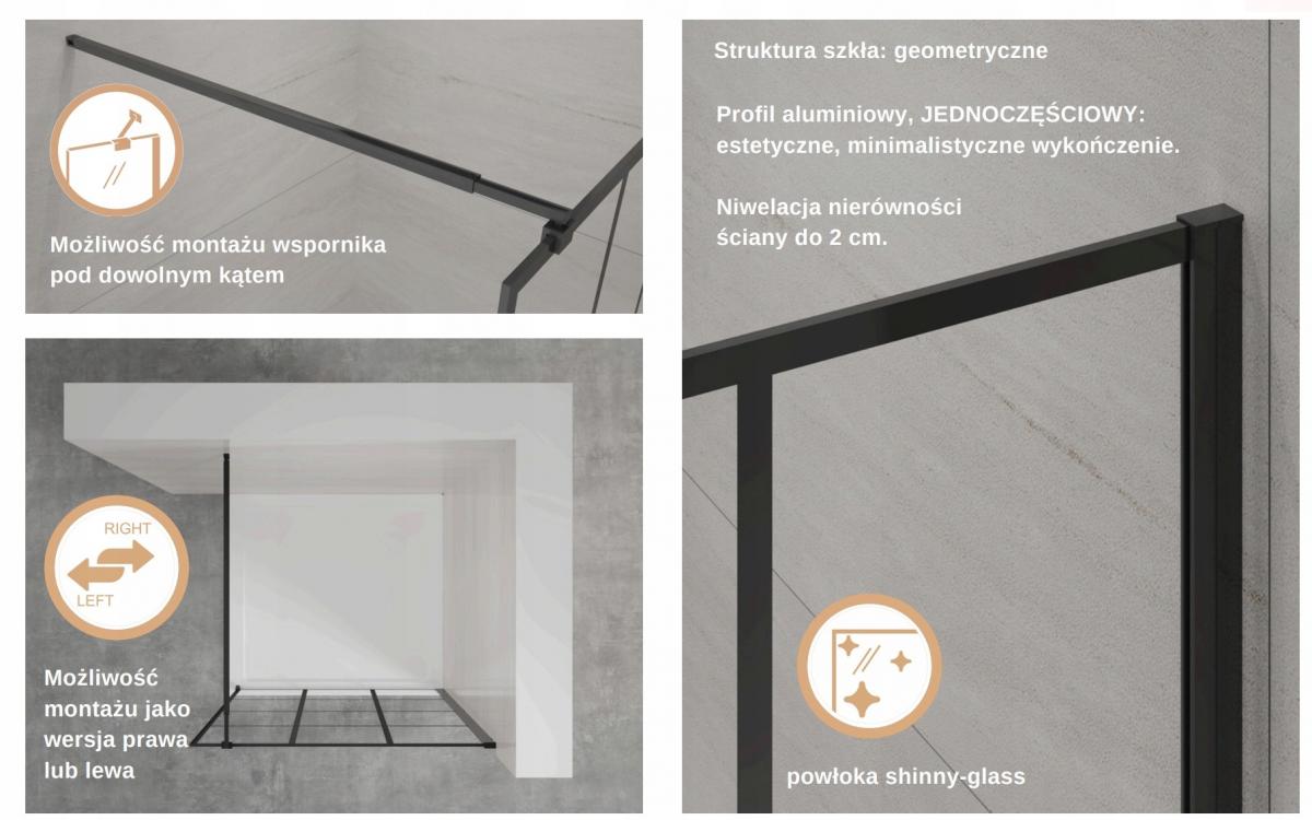 INVENA KABINA WALK-IN II 80X200CM GEOMETRYCZNA 8MM SHINY-GLASS CZARNY