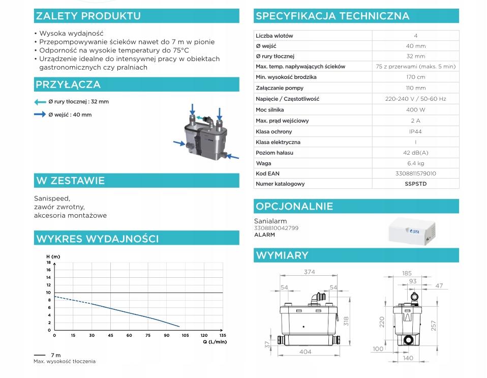 Wydajna pompa SFA Sanispeed 4 wloty do kuchni i łazienki 48h
