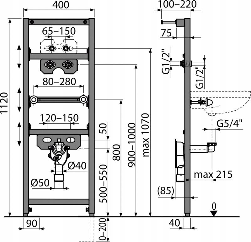 Stelaż podtynkowy do umywalki + mocowanie ALCADRAIN 510 x 200 x 1120 mm