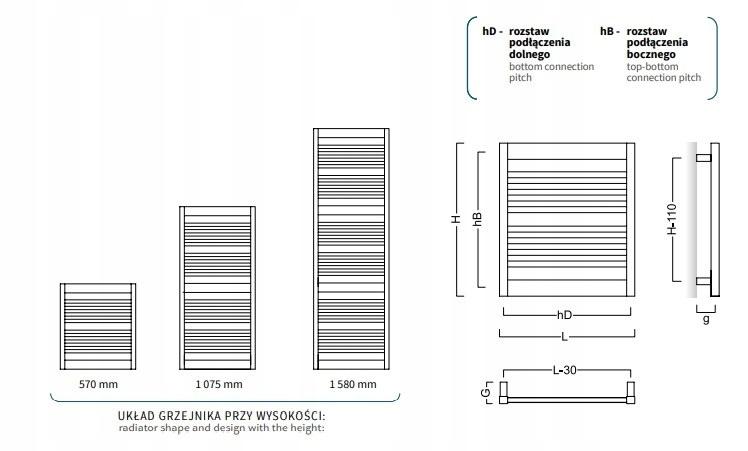 Grzejnik drabinkowy FRAME 400X1075 449W podł dolne rozstaw 370mm czarny mat