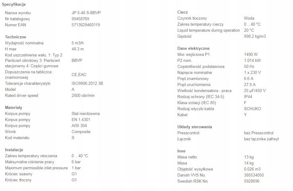 GRUNDFOS Pompa hydroforowa GRUNDFOS JP 5-48 S-BBVP 1.014 kW 230 V