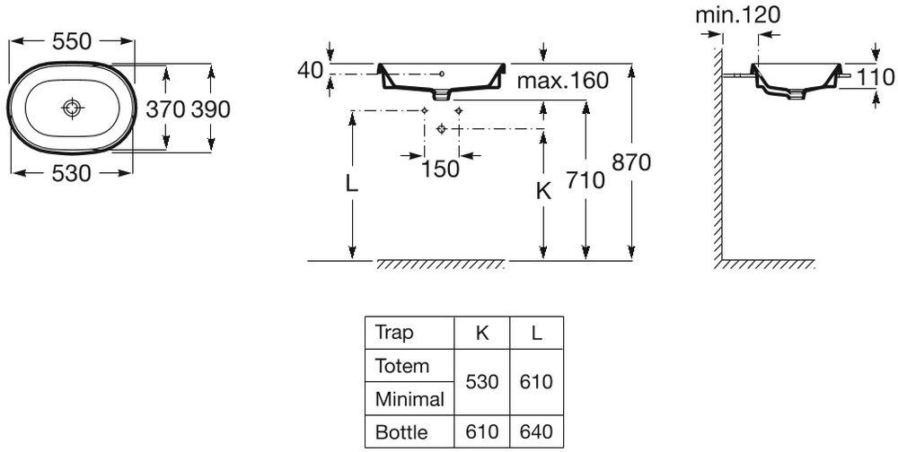 Umywalka blatowa GAP 55x39cm Owalna, b/otw., z/przel. Biały ROCA