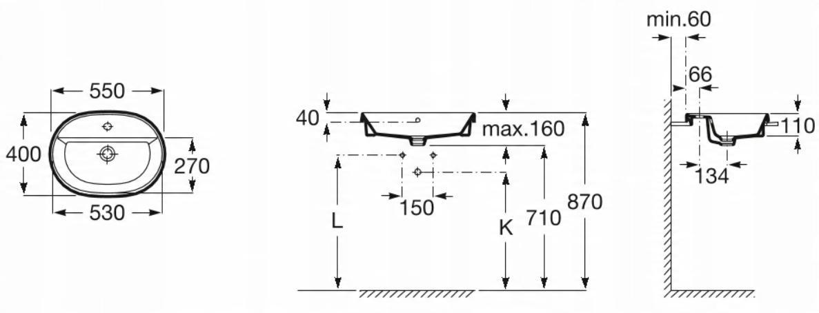 Umywalka blatowa GAP 55x40cm Owalna, z/otw., z/przel. Biały ROCA
