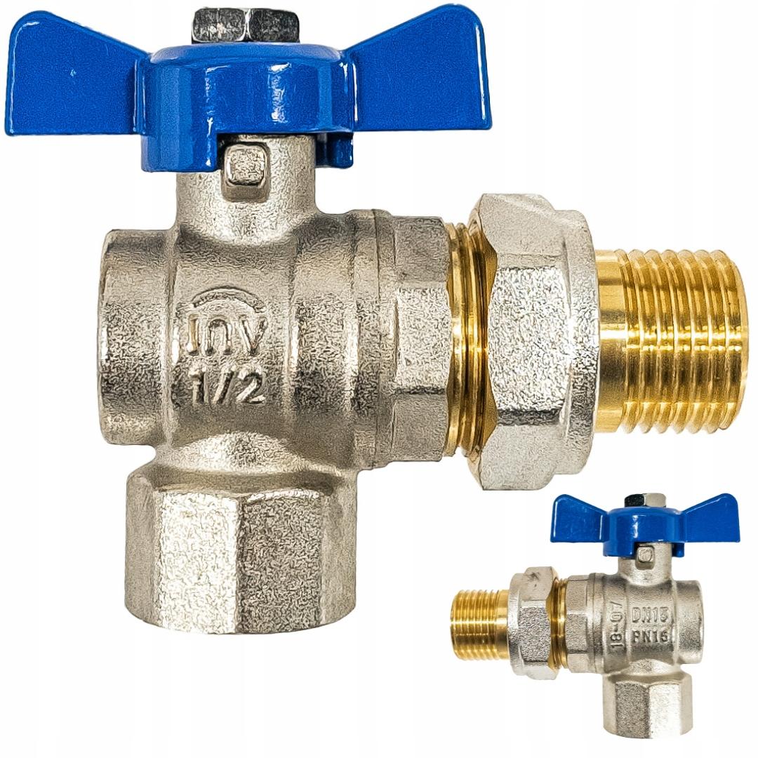 INVENA ZAWÓR KULOWY KĄTOWY ZE ŚRUBUNKIEM DN 15 Z NIEBIESKIM MOTYLKIEM PROV