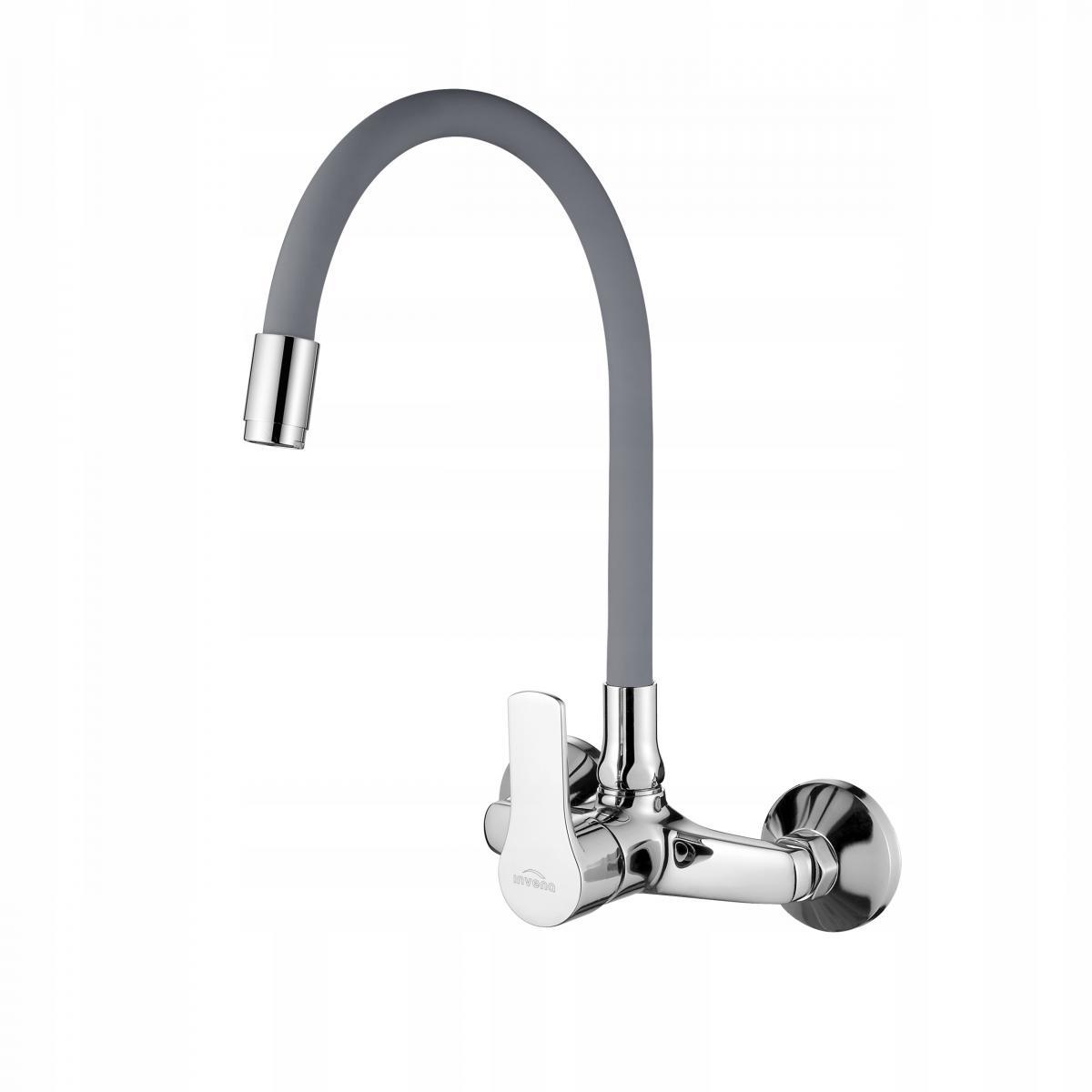 Bateria zlewozmywakowa INVENA ścienna VERSO z szarą elastyczną wylewką 48h