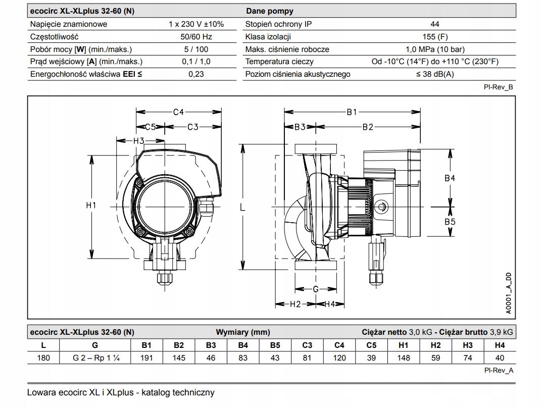 Pompa cyrkulacyjna LOWARA ECOCIRC XL 32/60-180 180mm 230V G2 48h