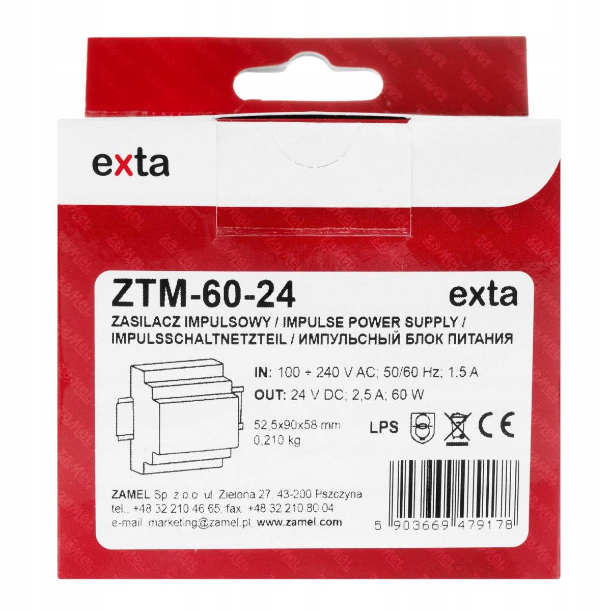 Zasilacz impulsowy montowany na szynie TH-35 (DIN), 60W, 24V DC ZTM-60/24