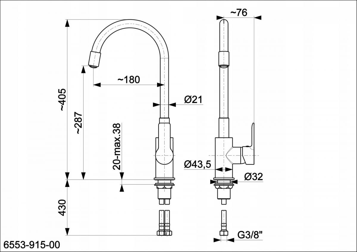 Bateria kuchenna stojąca ARMATURA KRAKÓW RUMBA 1ot szara/chrom z giętką wyl
