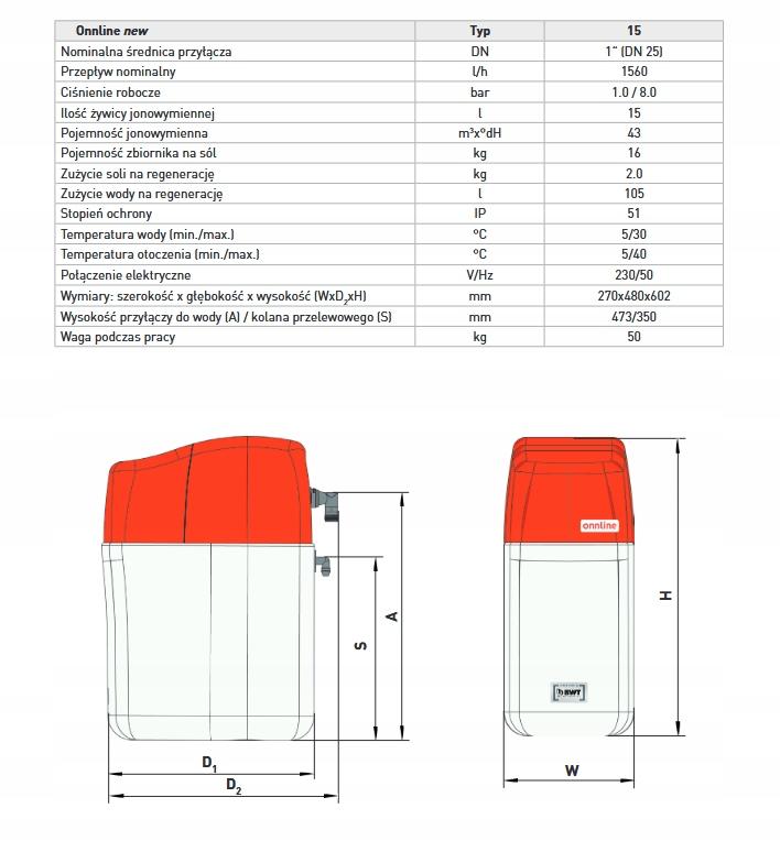 Zmiękczacz kompaktowy ONNLINE 15 do wody sterowany elektronicznie 48h