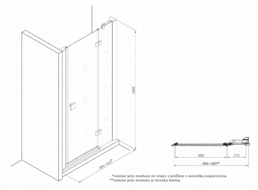 Drzwi z elementem stałym METROPOLIS 90x195 szkło z powłoką Maxi Clean Roca