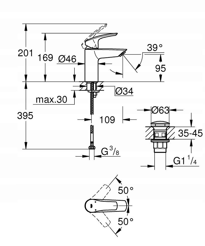 Bateria umywalkowa stojąca GROHE Eurosmart 1-uchwyt. 1-otw. DN 15 chrom