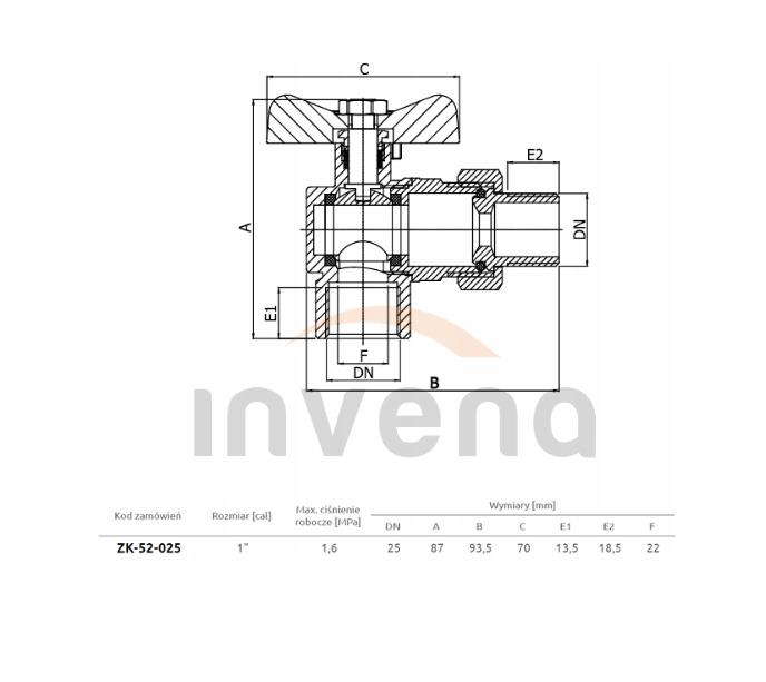INVENA ZAWÓR KULOWY KĄTOWY ZE ŚRUBUNKIEM DN 25 Z CZERWONYM MOTYLKIEM PROV