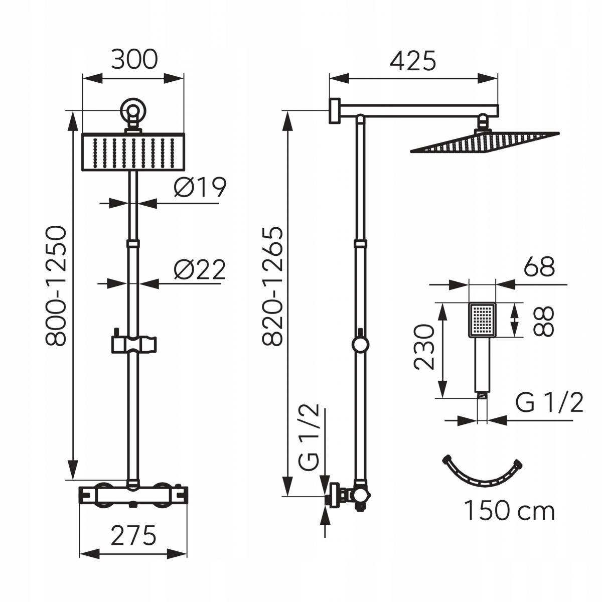 Zestaw natryskowy TREVI SQUARE BLACK z baterią termostatyczną TRV7U-BL,czar