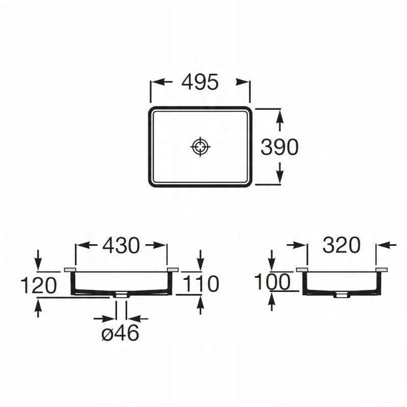 Umywalka podblatowa INSPIRA SQUARE 50x39cm, b/otw., b/przel. Biały ROCA