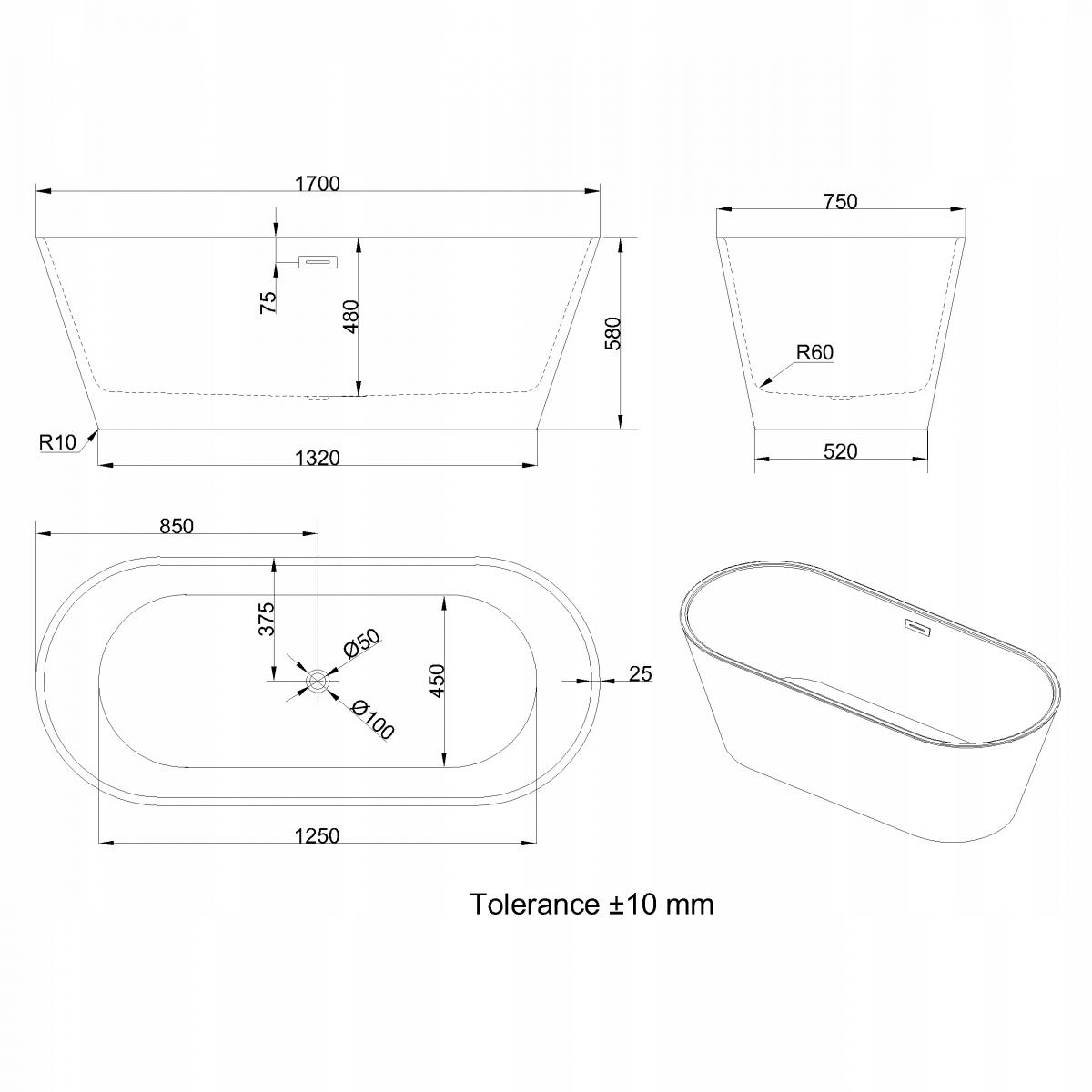 INVENA WANNA WOLNOSTOJĄCA 170 CM LIMNOS Z SYFONEM CHROM