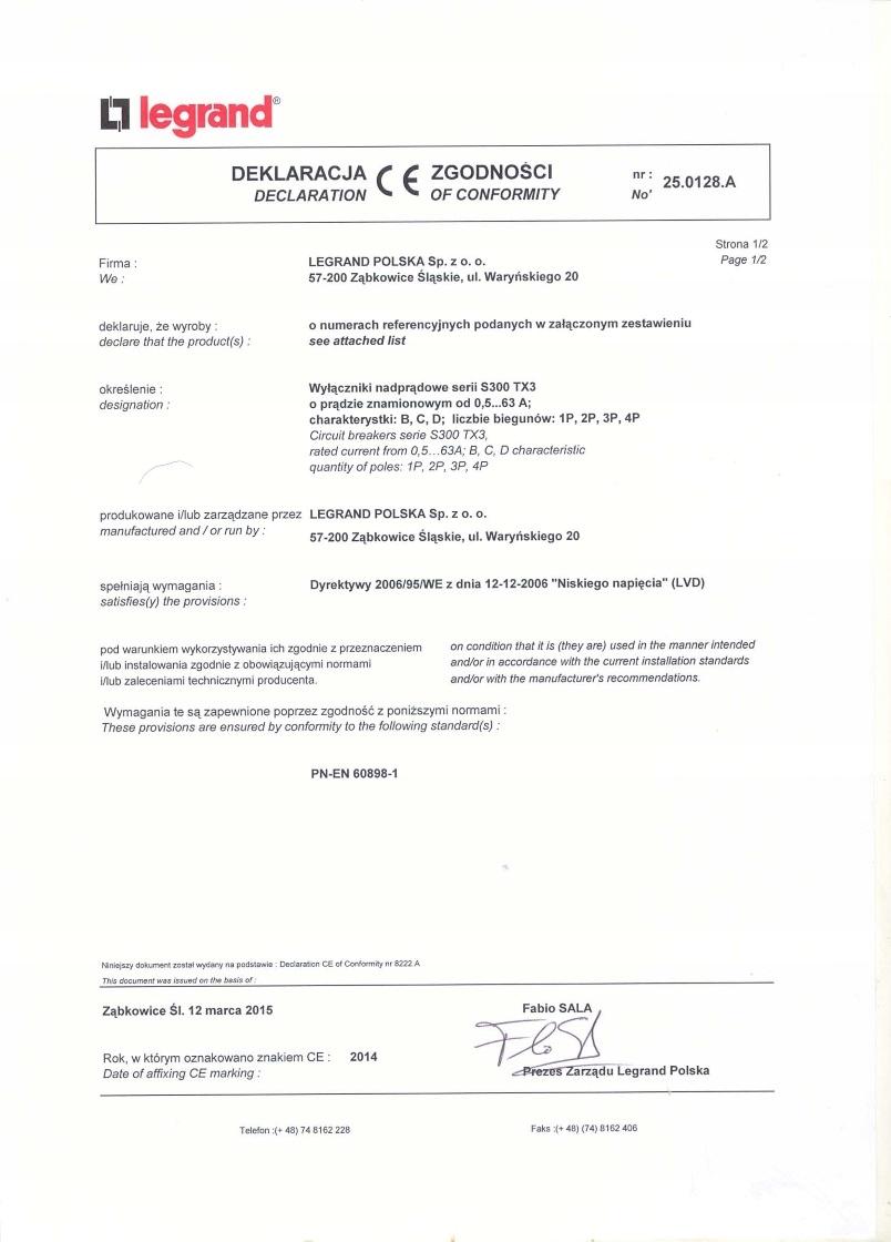 LEGRAND Wyłącznik nadprądowy S 302 2P B 16A 6000A TX3