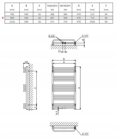 Grzejnik łazienkowy ONNLINE PBM 1220x500 571W 48h