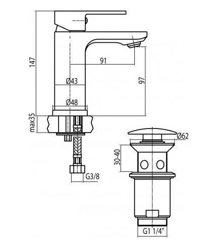 VALVEX Bateria umywalkowa Tube stojąca 1-otworowa z korkiem spustowym chrom