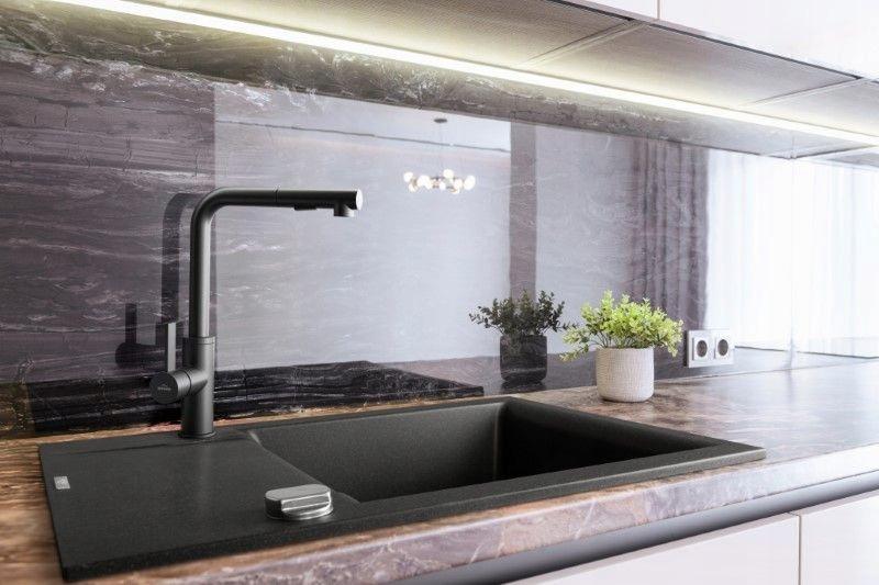 ZLEWOZMYWAK GRANIT 1K TESALIA CZARNY NAKRAPIANY Z SYF CHROM Z KRÓTKIM OCIEK