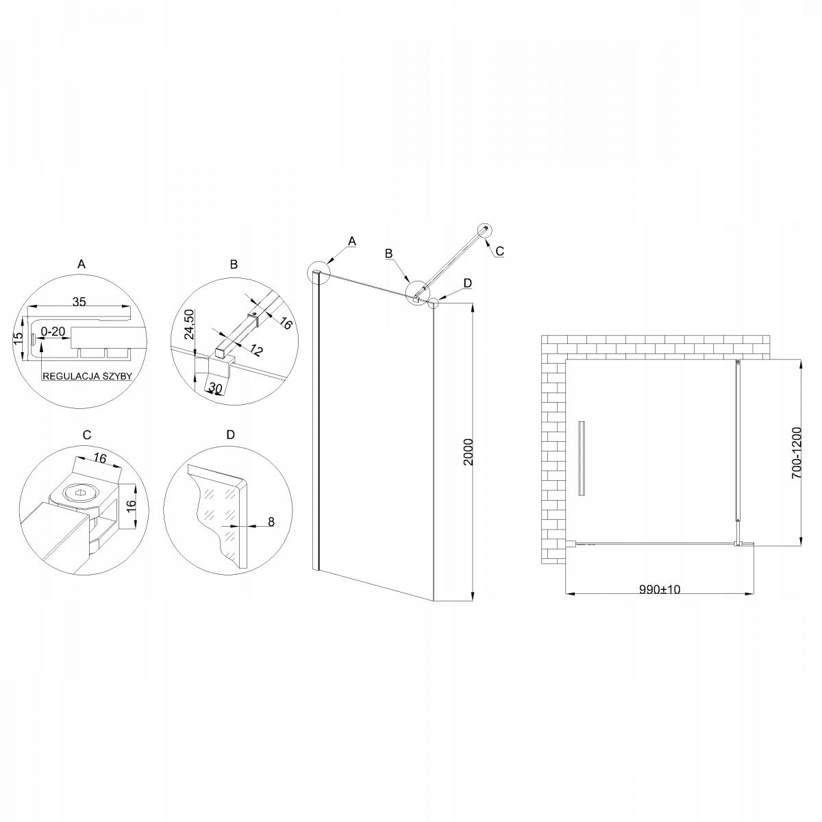 INVENA KABINA WALK-IN II 100X200CM TRANSP 8MM SHINY-GLASS CZARNY