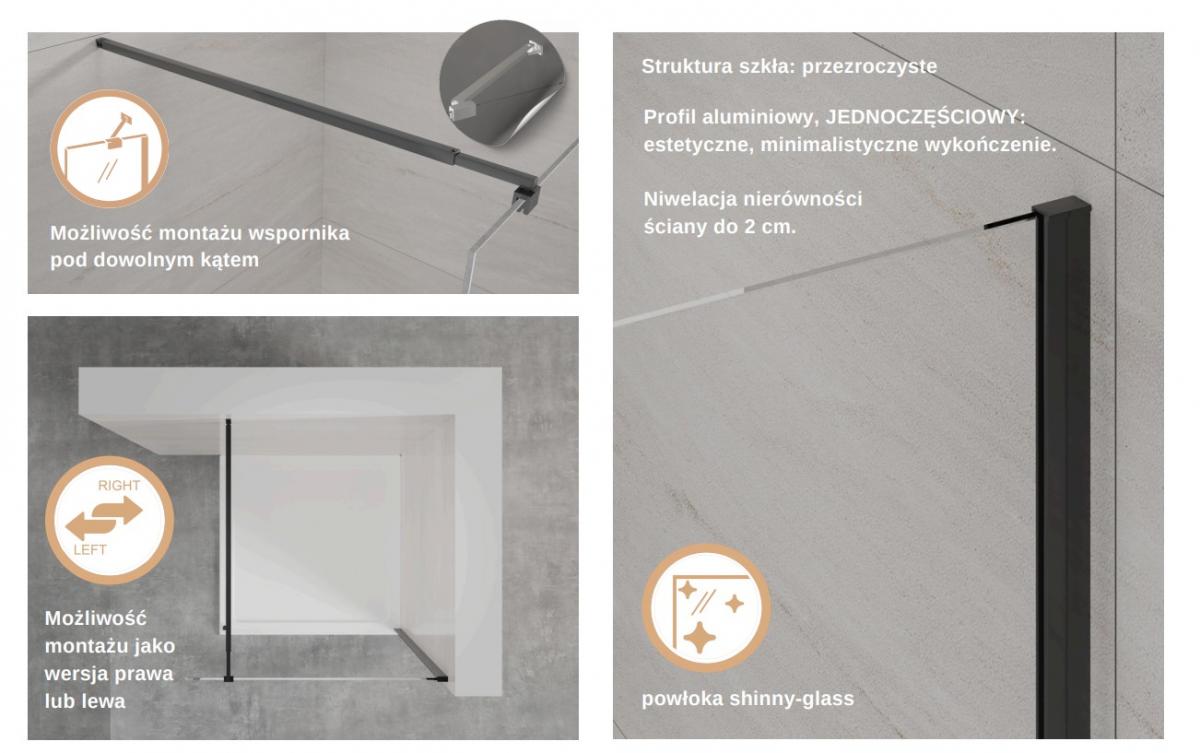 INVENA KABINA WALK-IN II TREND 110X200CM RYFLOWANA 8MM SHINY-GL.CZARNY