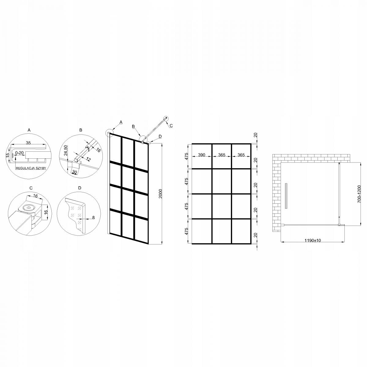 INVENA KABINA WALK-IN II 120X200CM GEOMETRYCZNA 8MM SHINY-GLASS CZARNY