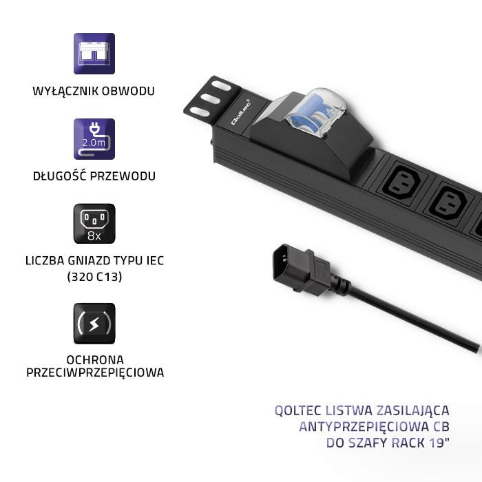 Listwa zasilająca antyprzepięciowa CB do szafy RACK 19 1U 10A PDU 8xIEC C1