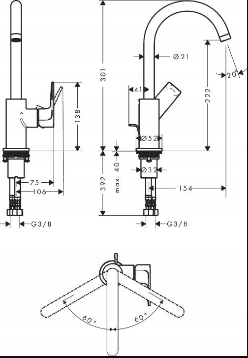 Bateria umywalkowa stojąca HANSGROHE REBRIS E 240 1-uchwyt. 1-otw. chrom