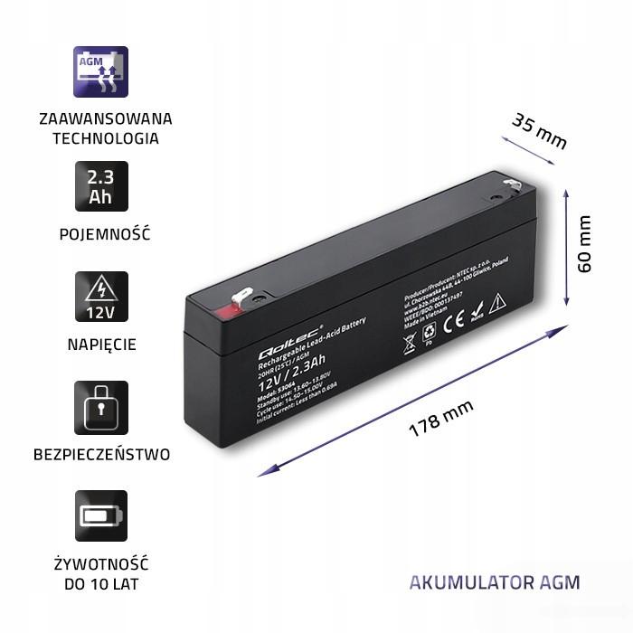 QOLTEC Akumulator AGM 12V 2.3Ah max. 34.5A