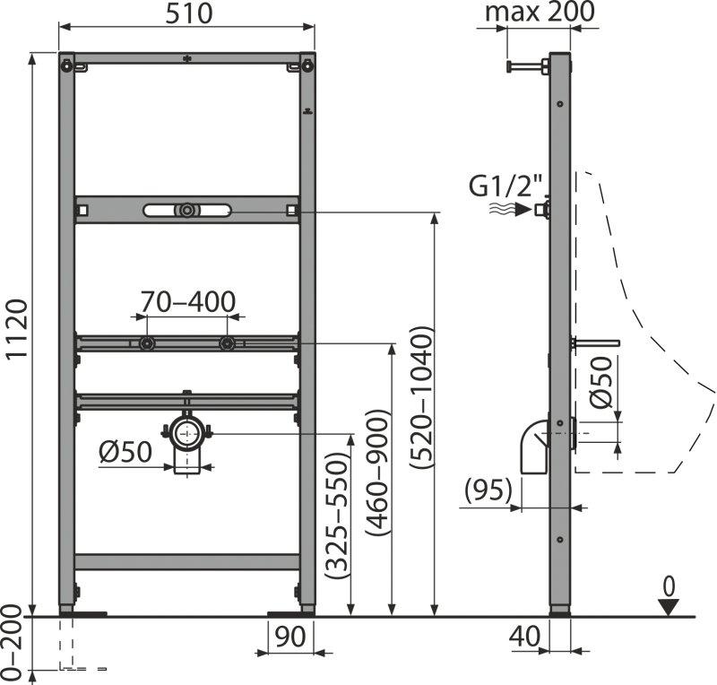 Stelaż podtynkowy do pisuaru + mocowanie ALCADRAIN 510 x 200 x 1120 mm