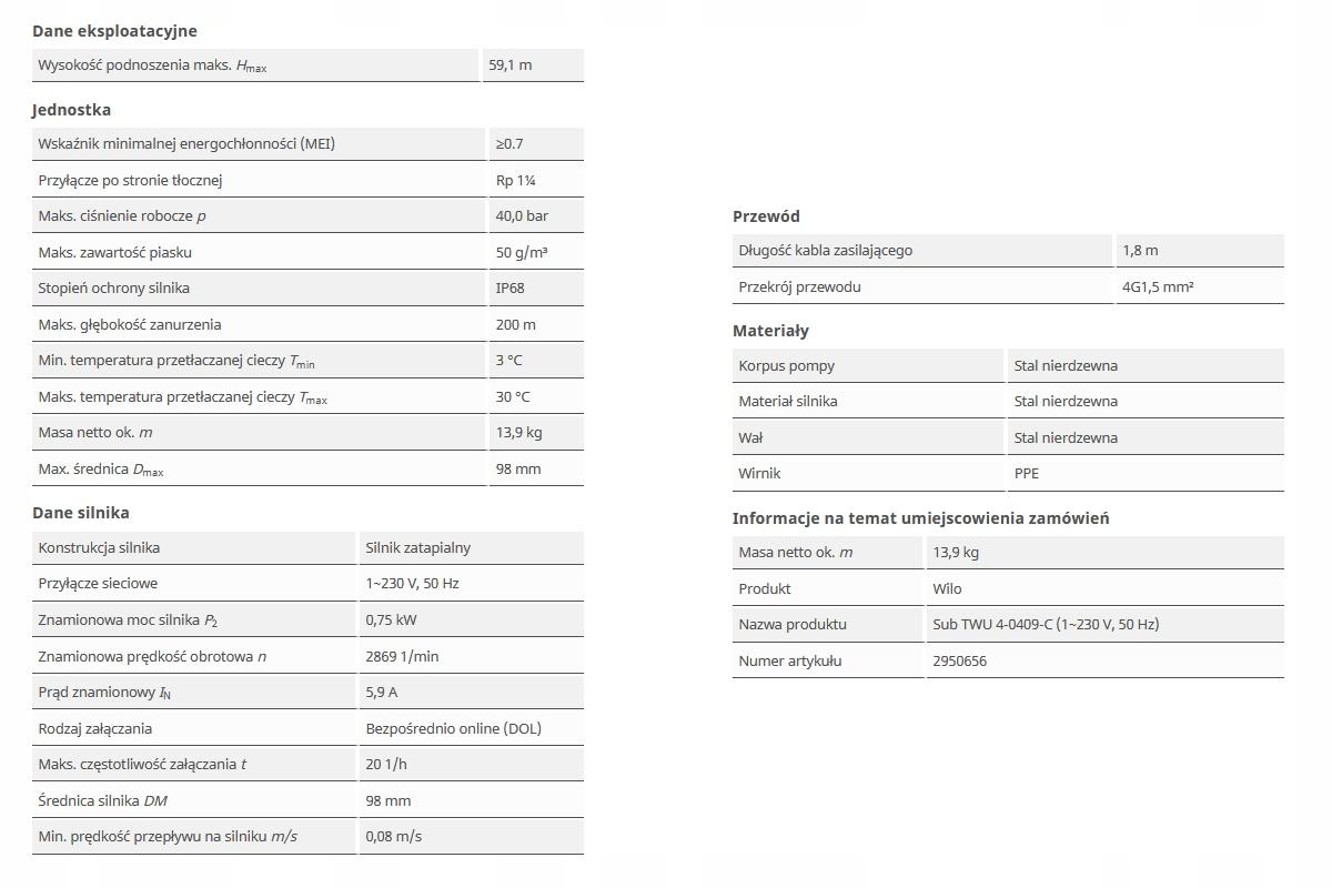 Pompa głębinowa Wilo-Sub TWU 4-0409-C EM 59m 1x230V 48h
