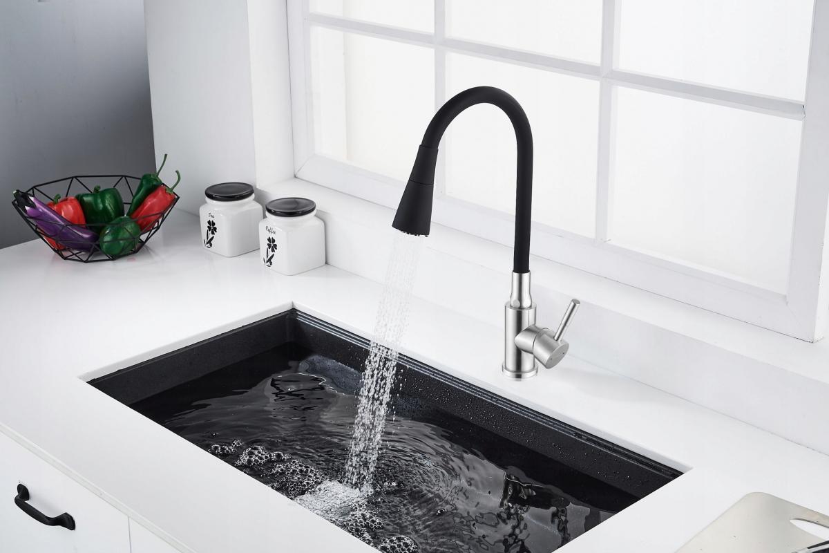 INVENA BATERIA ZLEWOZMYWAKOWA GABI Z RUCHOMĄ 2F WYLEWKĄ, INOX / CZARNA