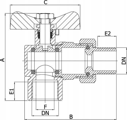 INVENA ZAWÓR KULOWY KĄTOWY ZE ŚRUBUNKIEM DN 25 Z NIEBIESKIM MOTYLKIEM PROV