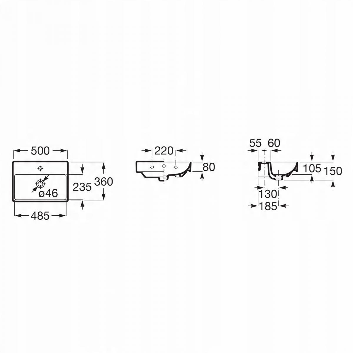 Umywalka ścienna ONA COMPACTO 50x36cm, z/otw., z/przel. Biały ROCA
