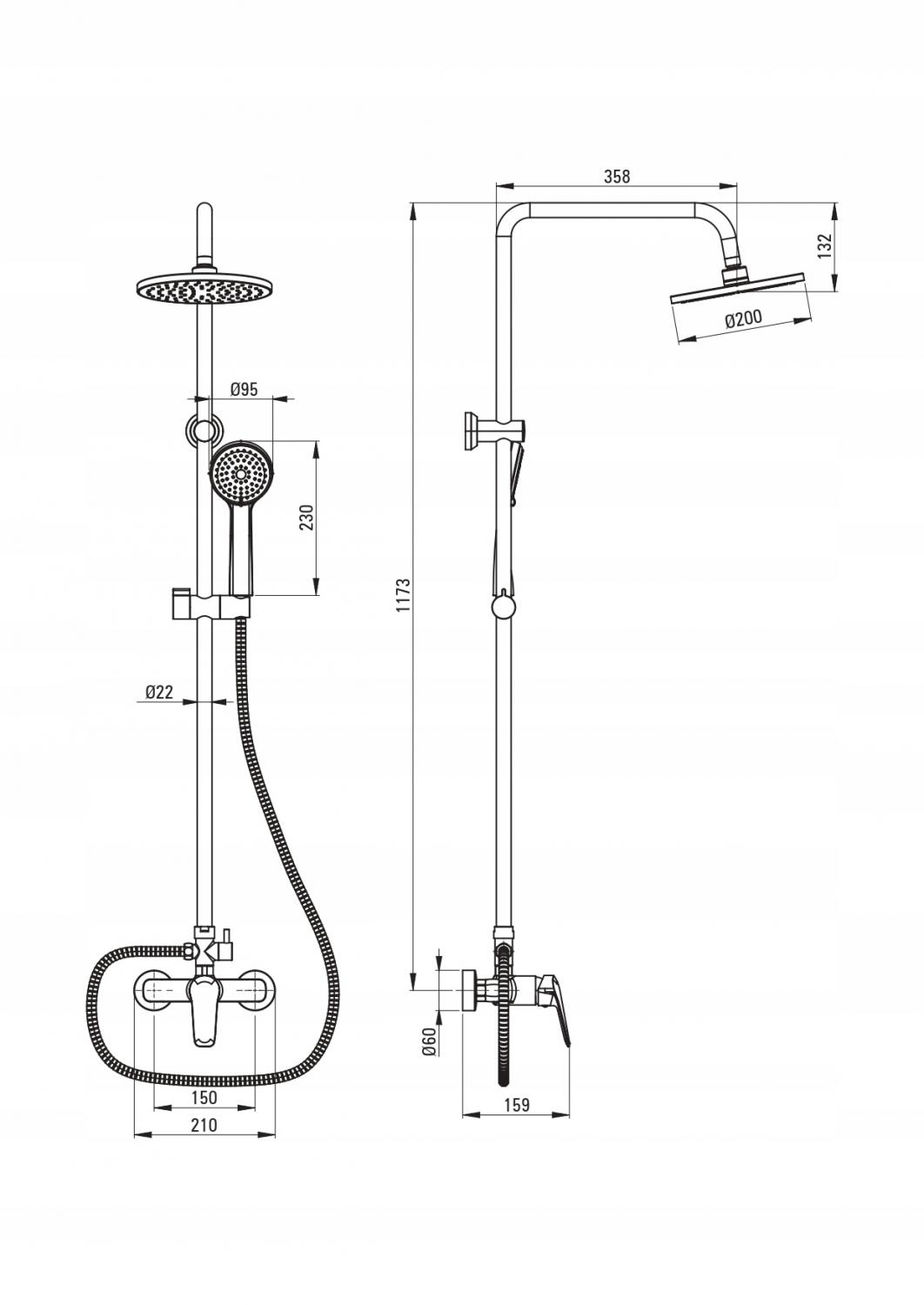 Deszczownica 3-funkcyjna - z baterią mieszaczową BORO chrom 3-funkcyjna