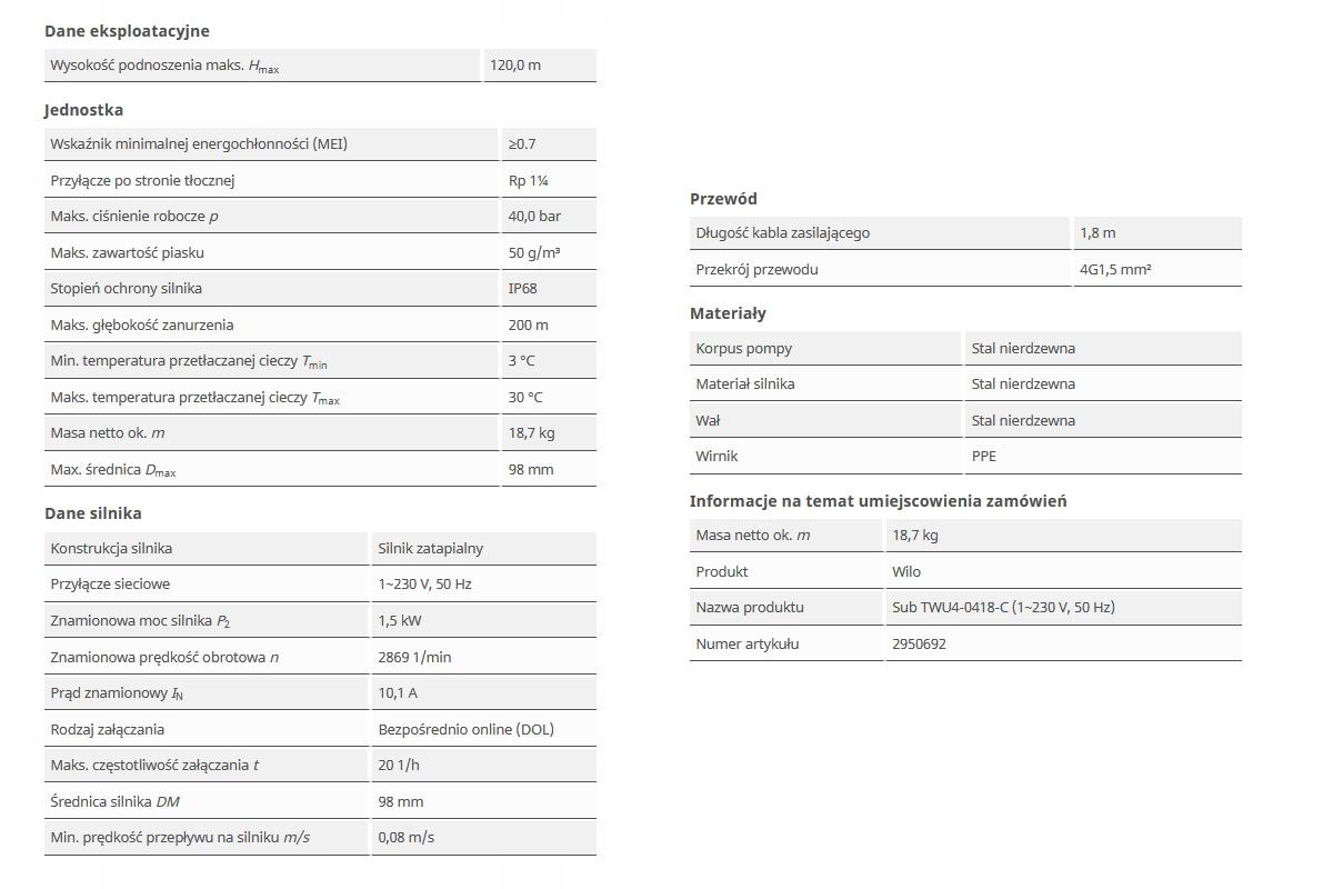 Pompa głębinowa Wilo-Sub TWU 4-0418-C EM do 120m 1x230V 48h