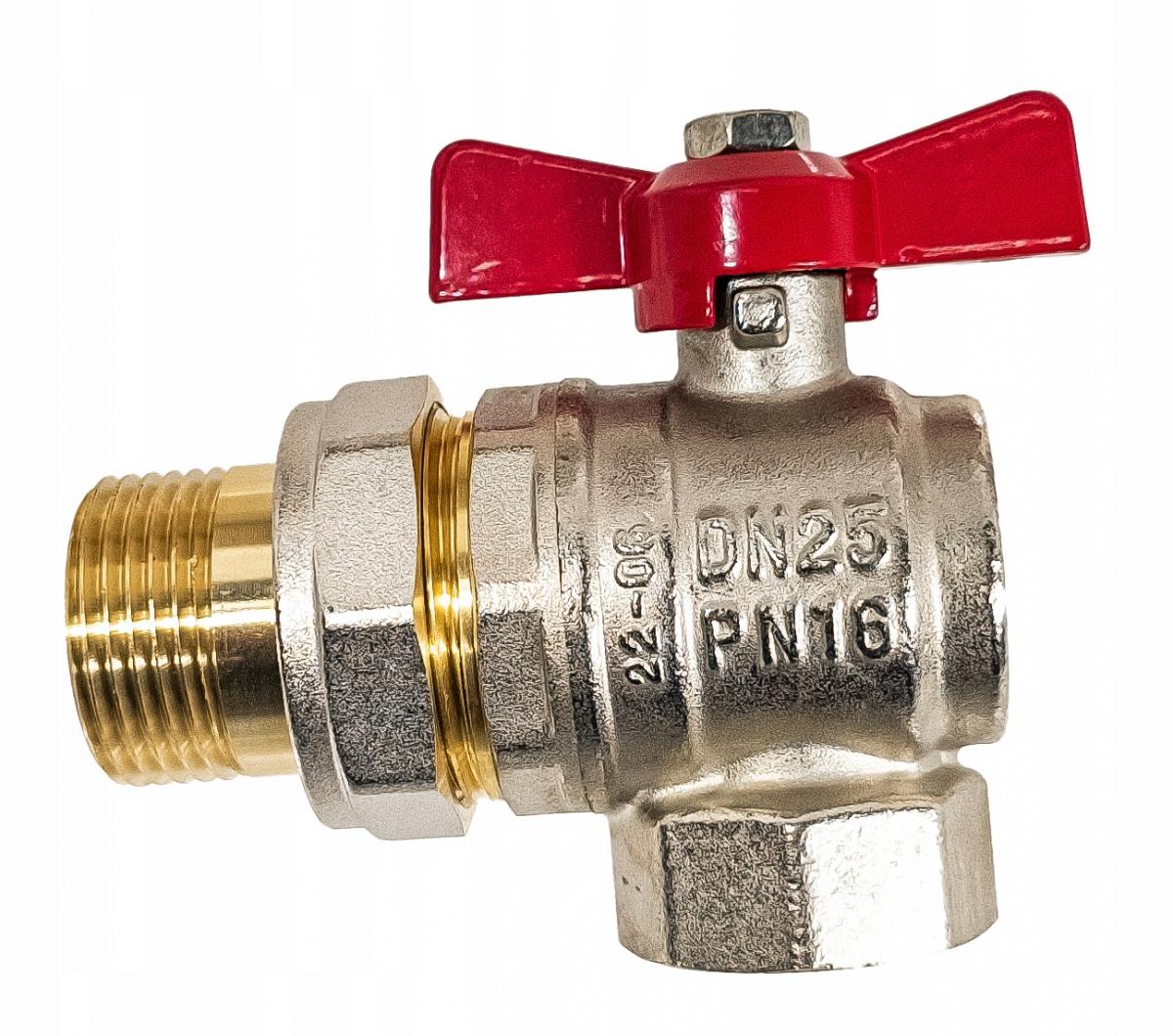 INVENA ZAWÓR KULOWY KĄTOWY ZE ŚRUBUNKIEM DN 25 Z CZERWONYM MOTYLKIEM PROV