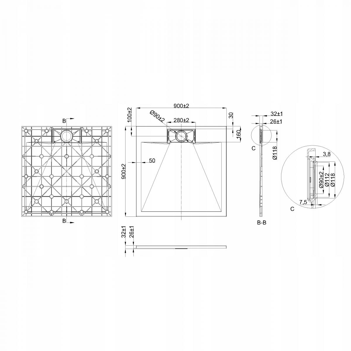 BRODZIK PRYSZNICOWY KWADRATOWY ALVERO INVENA TREND, 90X90 CM BIAŁY