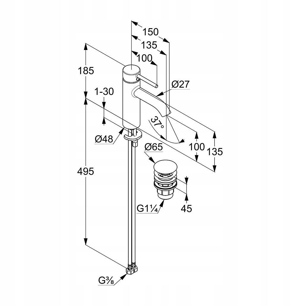 Bateria umywalkowa stojąca KLUDI BOZZ 100 1-uchwytowa 1-otworowa chrom