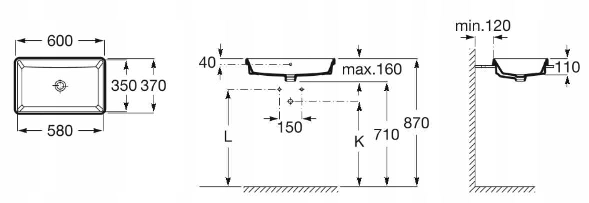 Umywalka wpuszczana w blat GAP Prostokątna 60x37cm, b/otw., z/przel. Biały
